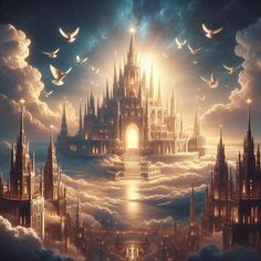 a castle in the sky with birds flying around it and some clouds surrounding it,