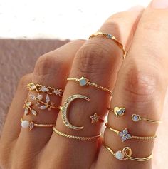 Slytherin Accessories, Ring Sets Boho, Moon And Star Ring, Bohemian Jewellery, Gold Color Ring, Trendy Ring, Bohemian Rings, Gold Ring Sets, Finger Rings