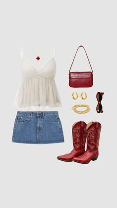 Red Van Cleef, Skirt Cute Outfits, Denim Skirt And Cowboy Boots, Cute Outfits Simple, Skirt And Cowboy Boots Outfit, Skirt And Cowboy Boots, Bracelet Stack Gold, Red Bag Outfit, Red Cowboy Boots Outfit