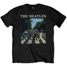 the beatles t - shirt in black with an image of two men walking across a street