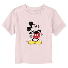 Who knew that dressing "mousey" could be so cute!? Celebrate Walt Disney's most iconic character with this officially licensed Disney Mickey Mouse and Friends Classic Mickey Pose Distressed Toddlers' Graphic T-shirt! This fun tee features the one and only retro Mickey Mouse across the front. Grab some new Mickey and Friends apparel for the youngest member of the family and make your next trip to the Disney parks a memorable one! Playful Cartoon Print T-shirt For Disney Trips, Disney Minnie Mouse Pink T-shirt, Cotton Cartoon Print Tops, Pink Minnie Mouse T-shirt For Disney Fan Events, Disney Pink Minnie Mouse T-shirt, Minnie Mouse Short Sleeve T-shirt For Disney Trips, Cotton Cartoon Character Print Tops, Cartoon Character Print Short Sleeve Tops, Cotton Cartoon Tops With Character Print