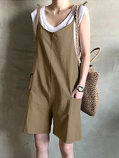 Solid Knotted Pocket Sleeveless Casual Cotton Romper Trendy Sleeveless Vest With Pockets, Casual Beige Sleeveless Tank Top, Casual Spring Tank Top With Pockets, Casual Tank Top With Pockets For Spring, Beige Sleeveless Casual Tank Top, Casual Workwear Vest With Pockets, Casual Sleeveless Vest In Solid Color, Casual Sleeveless Khaki Vest, Casual Khaki Sleeveless Vest