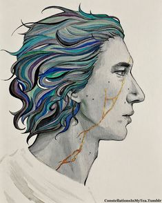 a drawing of a man with blue hair