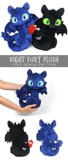 several different types of stuffed animals in various colors and sizes, with the text night fury plush free sewing pattern