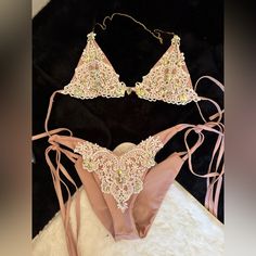 Beautiful Sexy Bling Bikini L, Great For Pics New T-back Swimwear For Beach Season Party, Pink T-back Swimwear For Party, Party Beachwear String Swimwear, Fitted String Swimwear For Party, Summer Party Beachwear Bra, Womens Swim, Lingerie, Cream, Women Shopping