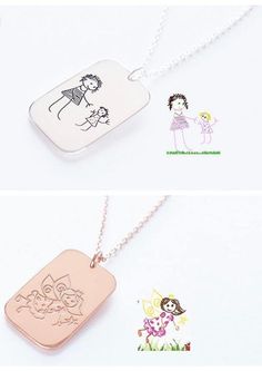 Customized Children's Drawing 925 Sterling Silver Memory Necklace - Black Diamonds New York Memory Necklace, Roman Numeral Ring, Children's Drawing, Hip Hop Rings, Necklace Chain Types, Bamboo Earrings, Childrens Drawings, Cvd Diamond, Photo Necklace