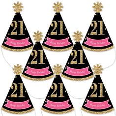 six black and pink birthday hats with gold glitter numbers on the top, set of 6