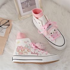 ♡ 1 Order = 1 pair of shoes, 2 Pair of Shoe Laces, 2 pom pom ♡ Material:Sole: Rubber 100%Outer: Canvas 100%Lining: Canvas 100%♡ Ships out within 10 business days Cute High-top Sneakers, Cute Pink High-top Sneakers, Aesthetic My Melody, White Canvas Sneakers, Kawaii Culture, My Sweet Piano, Pink High Tops, My Melody Cinnamoroll, Soft Girl Outfits