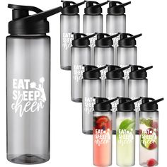 a set of six water bottles with lids and straws in each one, all labeled eat sleep drink