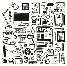 various office supplies arranged in the shape of a letter fo news paper clipart