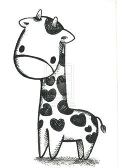 a black and white drawing of a giraffe with hearts on it's neck