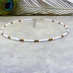 White Beaded Choker Seed Bead Necklace With Orange & Silver | Etsy Adjustable Spiritual Necklace With Letter Beads, Spiritual Adjustable Necklace With Letter Beads, Adjustable White Beaded Chain, Adjustable Letter Beads Choker As Gift, White Spiritual Beaded Necklace With Tiny Beads, Adjustable Letter Beads Choker Gift, Spiritual White Beaded Necklace With Tiny Beads, Adjustable White Spiritual Beads, White Spiritual Necklace With Tiny Beads