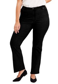 You can't get more classic than a signature bootcut style, and we designed this pair with a little extra love. Designed to sit at your natural waist. This style tends to run big, sizing down is recommended for a better fit. Cut in our Curvie fit, which hugs your body in all the right places – specifically designed for women who have fuller hips and thighs, with a narrower waist. 31" inseam Cotton/poly/spandexMachine wash Imported  | Plus Size Women's Curvie Fit Bootcut Jeans by June+Vie in Bootcut Jeans Black, London Gifts, Swimsuits For All, Bootcut Jeans, Size 16, Size 10, Plus Size, Black