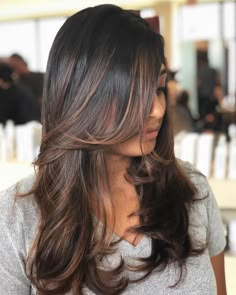 Chocolate Brown Balayage On Black Hair Caramel Highlights, Chocolate Hair Highlights, Chocolate Bayalage Hair Dark Brown, Black Dimensional Hair, Chocolate Balayage On Black Hair, Indian Balayage, Hair Contouring Brunette, Dimensional Balayage Brunettes, Warm Caramel Balayage Brunettes