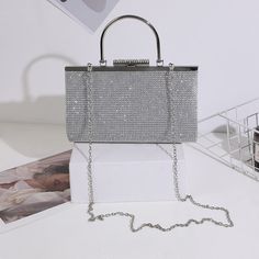 Rhinestone Clutch, Evening Clutch, Evening Bags, Clutches, Leather Handbags, Silver Chain, Top Handle, Clutch Bag, Top Handle Bag