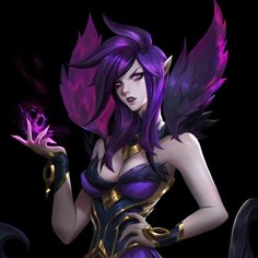 an animated character with purple hair and wings holding a crystal ball in her right hand