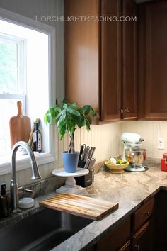 a kitchen counter with cutting board, knifes and potted plant next to the sink