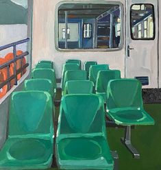 an oil painting of green seats on a ferry