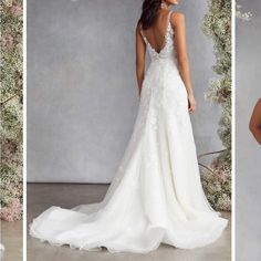 three different styles of bridal gowns, one in white and the other in ivory