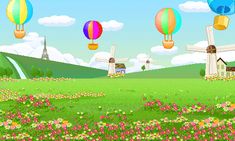 colorful hot air balloons flying in the sky over a field with flowers and windmills