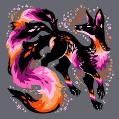 an abstract painting of a fox in pink, orange and purple colors on a gray background