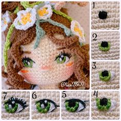 crocheted doll with green eyes and flowers on her head