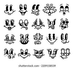 cartoon faces with different facial expressions and emotions, set of black and white illustrations on a white background