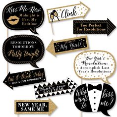 black and gold new year's eve party photo booth props - set of 20