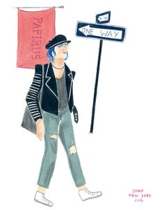 a drawing of a woman walking next to a street sign with a one way sign on it