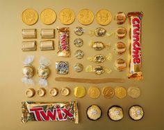 candy, candies and other items laid out on a table