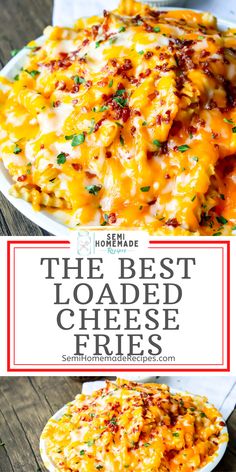 the best loaded cheese fries on a plate with text overlay that reads, the best loaded cheese fries