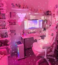 a room with pink lights and decorations on the walls, including a computer desk and chair