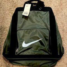 Nike Backpack/Bag With Zippered Bottom Section New With Tags Approximately 20” (H) X 17” (W) Bag Is Great For The An Athlete With Separate Storage Section For Shoes; Main Section/Large Capacity To Fit Books, Clothes, Etc. Drawstring Top To Close Bag Functional School Tote Gym Bag, Functional Nike Bag For Back To School, Nike Sports Backpack For Back To School, Nike Sporty Backpack With Zipper Closure, Gym Backpack With Zipper Closure, Nylon Tote Backpack For School, Green Rectangular Gym Bag For School, Nylon School Tote Backpack, Casual Gym Bag Backpack With Zipper Closure