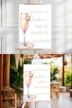 a welcome sign for a bridal shower is displayed in front of a white wall