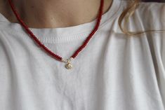 Elegant Red Coral Necklace With 14K Gold Urchin and Aquamarine , Beaded Necklace With Pearls , Summer Necklace - Etsy Red Rondelle Jewelry For Gifts, Faceted Red Coral Beads Jewelry Gift, Red Beaded Necklace, Necklace With Pearls, Red Beaded Necklaces, Red Coral Necklace, Coral Necklace, Summer Necklace, Elegant Red