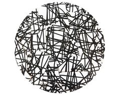 an abstract black and white painting with lines on it's surface in the shape of a circle