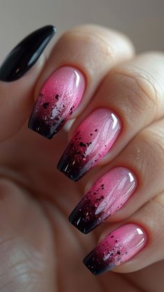 Pink Ombre Nails Pink Nail Black Tip, Pink Nails With Black Glitter, Black And Pink Ombre Nail Designs, Pink And Silver Ombre Nails, Black Ombre Nails Coffin, Ombre Ballerina Nails, Fall/winter Nail Colors, Pink And Black Nails Short, Nail Almond Shape