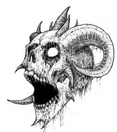 a black and white drawing of a demon's head with horns on it, in ink