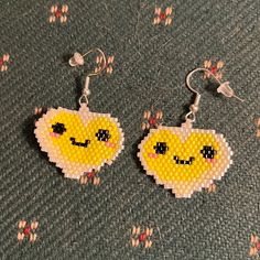 Yellow Heart Emoji Earrings Gift Heart Beads Drop Earrings, White Heart Beaded Dangle Earrings, Fun Heart Beads Jewelry As Gift, Handmade Heart Earrings With Round Beads For Gift, Yellow Fun Jewelry With Colorful Beads, Handmade Heart Earrings As Gift, Fun White Beaded Earrings, Fun Yellow Jewelry With Colorful Beads, Cute Heart Beads Drop Earrings