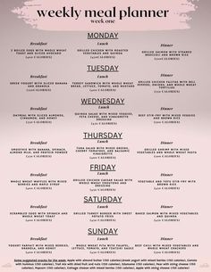 a pink and white poster with the words weekly meal planner on it's side