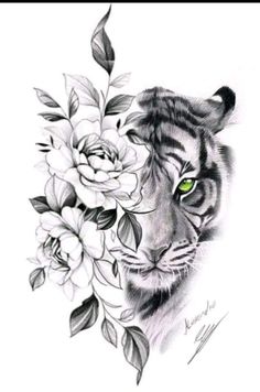 a drawing of a tiger with flowers on it