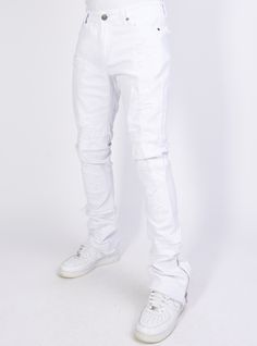 Adjustable stacked denim with unique distressing. Model is 5'10" wearing a size 32. Stacked Denim, Leather Clothes, Jeans And Hoodie, Clothes Men, White Leather, White Jeans, Mens Jeans, Leather, How To Wear