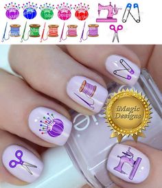 Sewing Nail Art Decals, Water Slide, Easy Nail Transfer Stickers, Sewing Pin Cushion, Sewing Machine Sewing Nail Art, Sewing Pin Cushion, Nail Tattoos, Bright Nail Polish, Cushion Sewing, Fingernail Art, Long Fingernails, Nail Art Decals, Clear Nail Polish