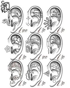 the different types of ear tattoo designs for men and women, all in black and white