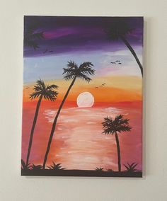 an acrylic painting of palm trees at sunset