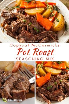 a plate with meat, potatoes and carrots on it next to the words copypaat mo commiks pot roast seasoning mix