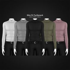 four women's turtle neck sweaters in different colors and sizes, with the text slim fit turtleneck