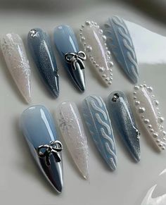 Blue And White Winter Nails, White Winter Nails, Long Almond Nails, Press On Nails Long, Long Almond, December Nails, Nails Winter, Almond Shape Nails, Blue Winter