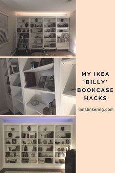 two pictures with the words my ikea billy's bookcase hacks on them