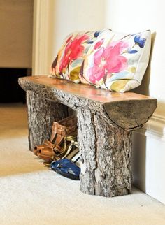 a wooden bench that has some shoes on it and the words wood plans above it